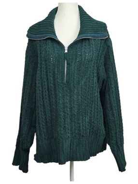 Aerie Green Cable Knit Cowl Neck 1/4 Zip Sweater Women’s Size M Chunky Knit